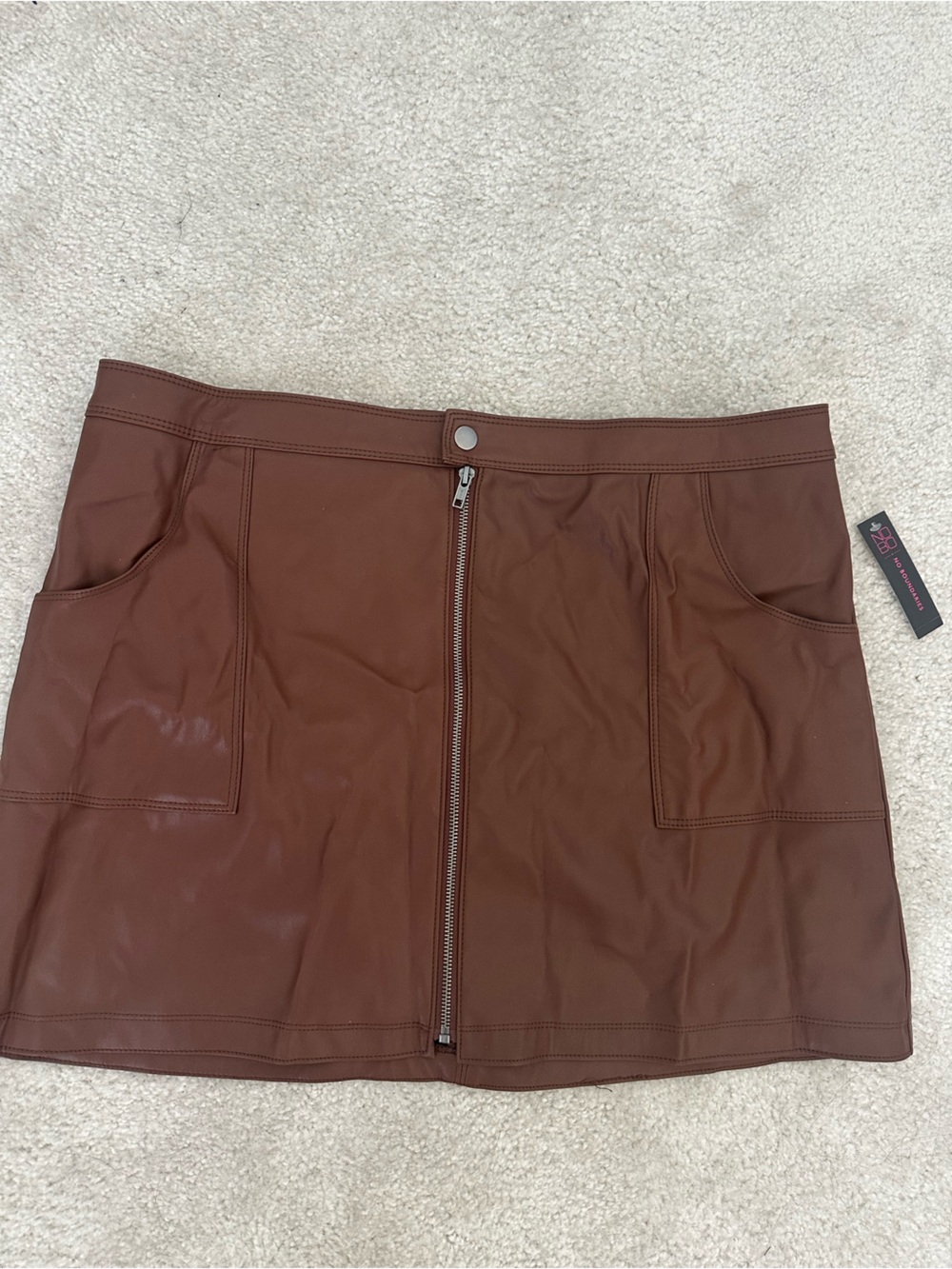 No Boundaries Brown Faux-Leather Front Zip Mini Skirt